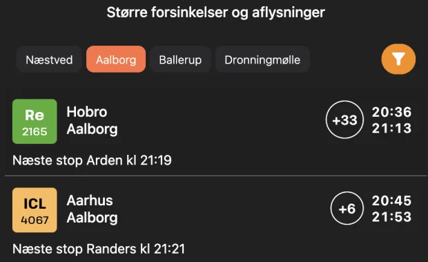 Samme liste med filteret Aalborg slået til, så kun to tog vises