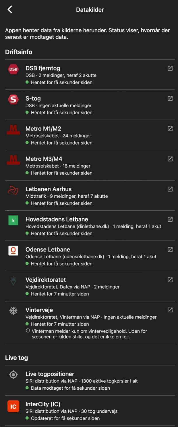 Datakilder med hver kilde, hvem der leverer den, antal meldinger og en grøn prik med hvor længe siden der sidst kom data