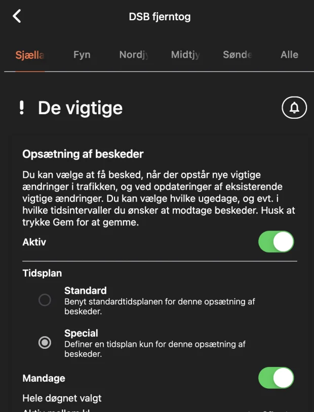 Opsætning af beskeder for gruppen De vigtige hos DSB fjerntog, med Aktiv-kontakt og valg mellem standardtidsplan og en særlig tidsplan