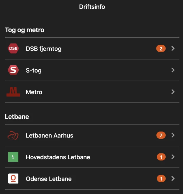 Driftsinfo med selskaberne grupperet i Tog og metro og Letbane, hver med sit logo og et tal for antal vigtige meldinger
