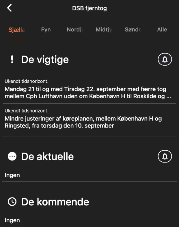 DSB fjerntog med faner for landsdele, gruppen De vigtige med to meldinger og en klokke til at få besked, samt De aktuelle og De kommende
