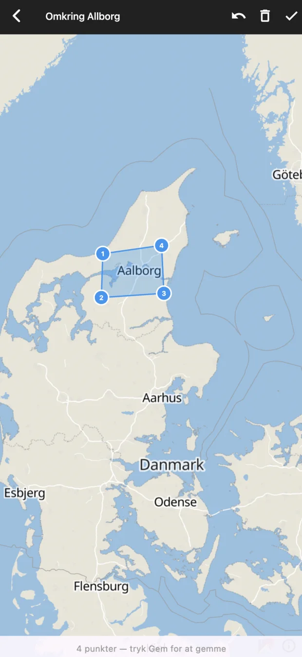 Et navngivet område tegnet med fire punkter på kortet omkring Aalborg, klar til at gemmes
