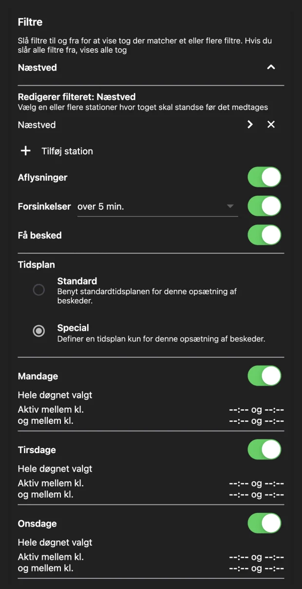 Opsætning af filter: stationer toget skal standse ved, kontakter for aflysninger og forsinkelser over 5 minutter, Få besked, og en tidsplan med tidsrum for hver ugedag