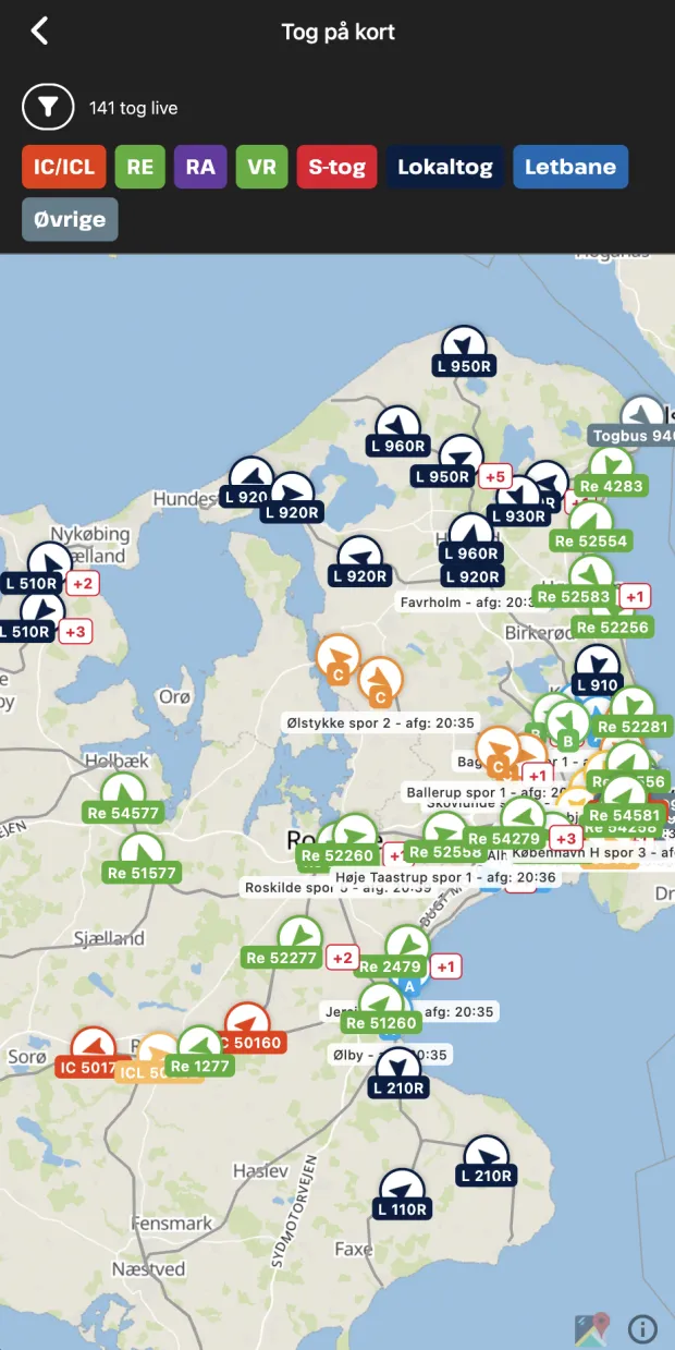 Kort over Sjælland med 141 tog live, farvede filterknapper for togtyper og markører med togets navn, retning og forsinkelse