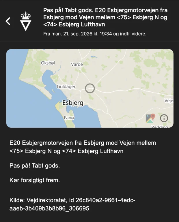 En åbnet vejmelding med kort over stedet, hele teksten og kilden fra Vejdirektoratet