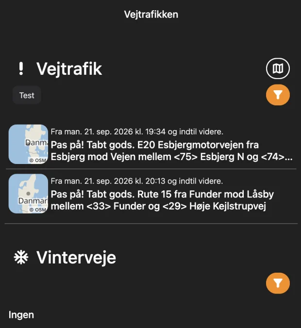 Vejtrafik med to meldinger om tabt gods, hver med et lille kort der viser hvor, og en egen sektion for Vinterveje