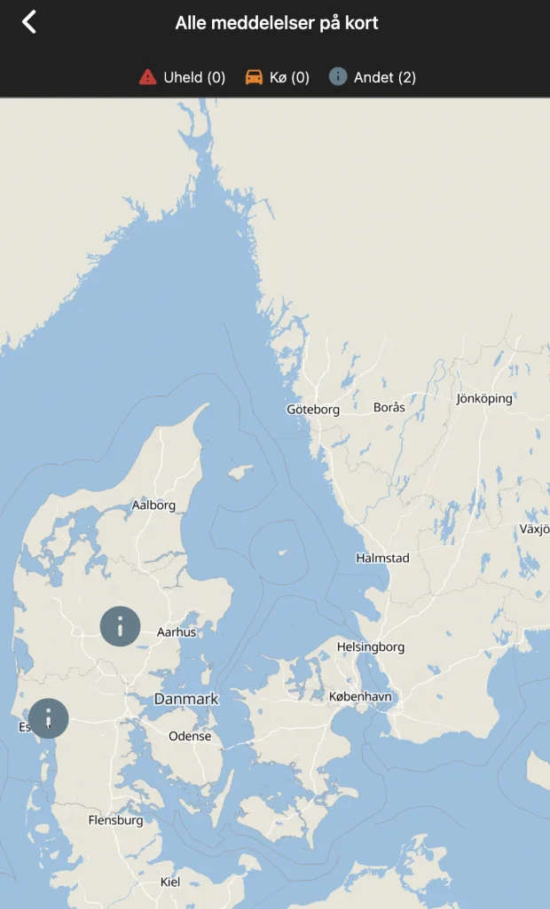 Alle vejmeldinger samlet på ét kort over Danmark, delt op i Uheld, Kø og Andet